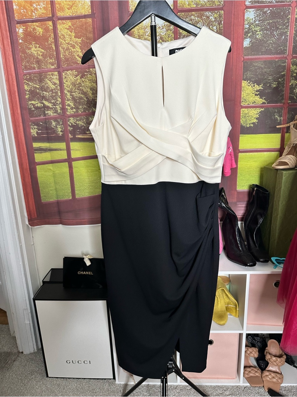 DKNY Two-Tone Sleeveless Midi Dress in Cream & Black